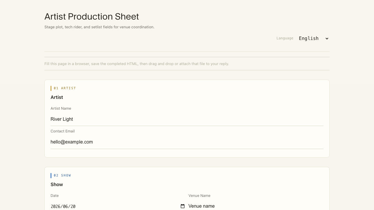 Desktop preview of the current Stage Plot / Tech Rider HTML