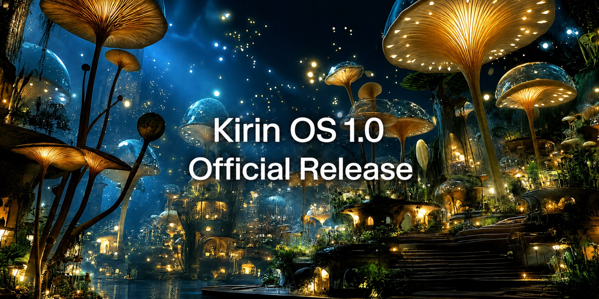 光るキノコの都市を背景にしたKirin OS 1.0 Official Releaseキービジュアル