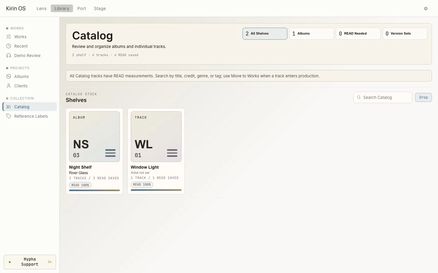Current English Kirin OS Catalog showing Album and track shelves with stored READ status