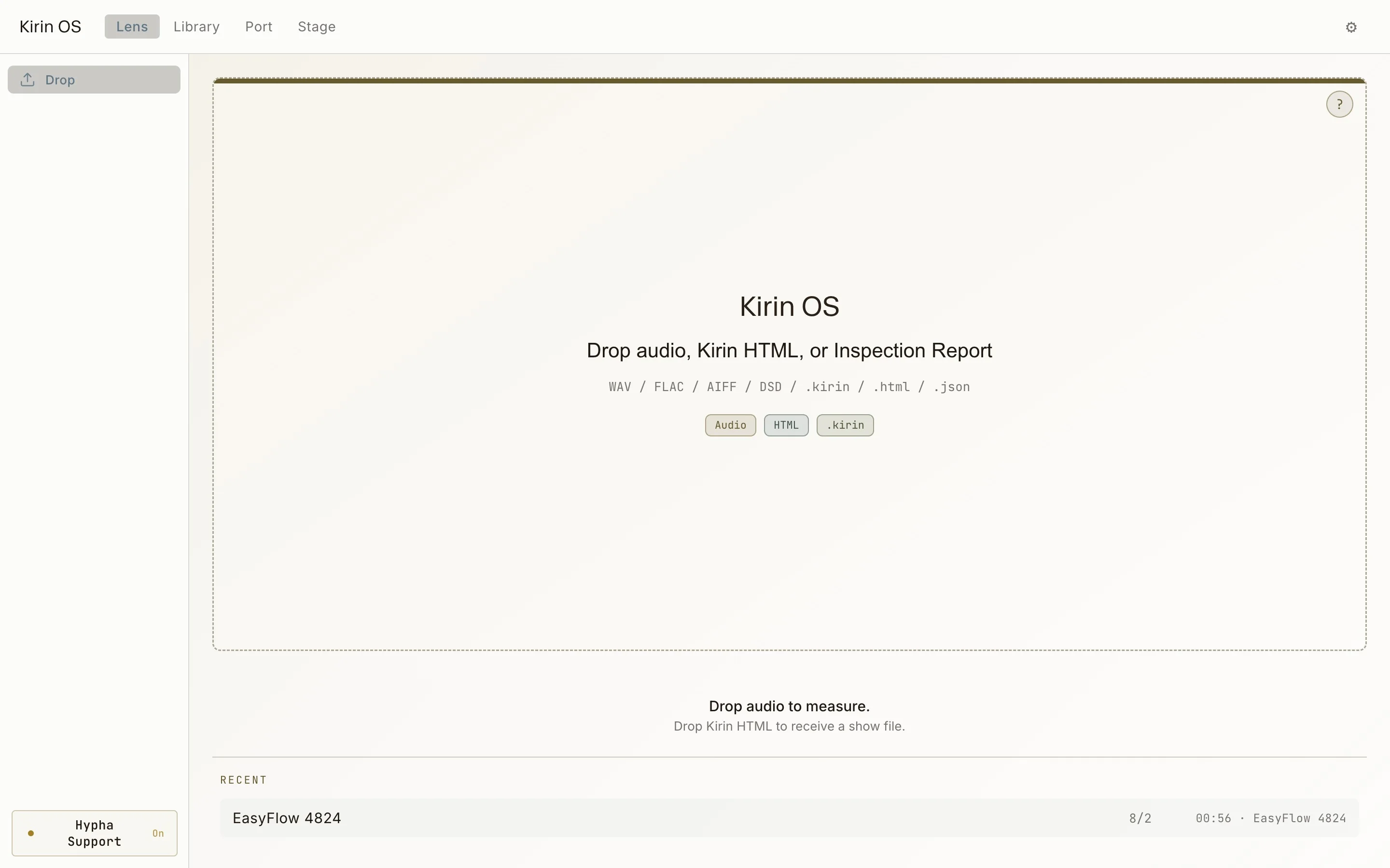 Current English Kirin OS Drop screen for starting from audio or a saved report
