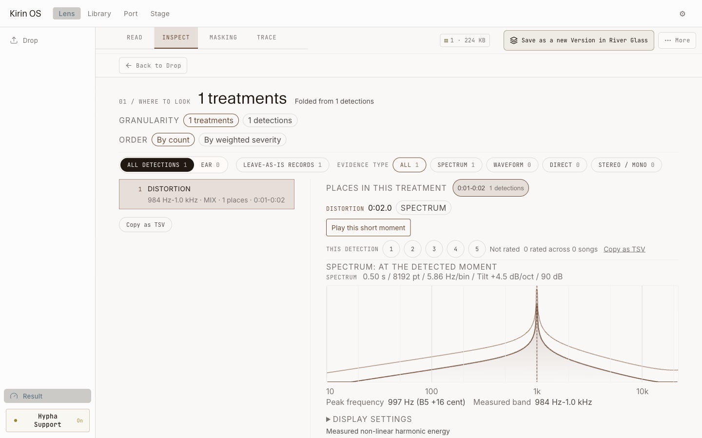 Current Kirin OS INSPECT screen showing grouped detections and evidence for the selected position