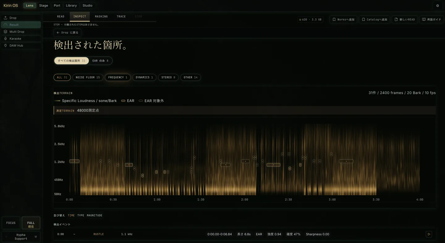 検出eventを表示する現行のKirin OS日本語版INSPECT画面