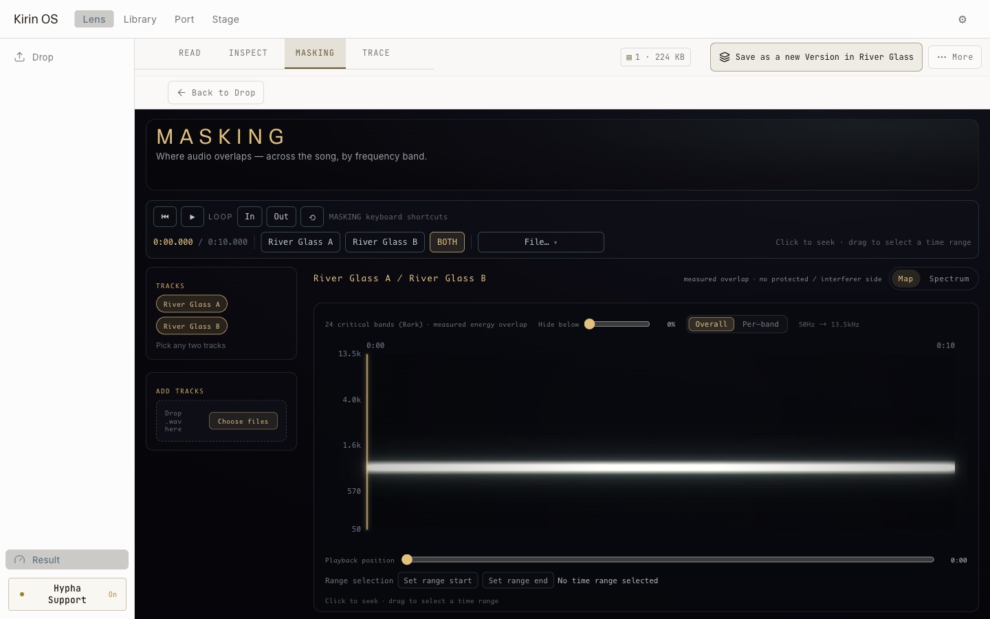 Current Kirin OS MASKING screen comparing two selected audio files across time and frequency bands