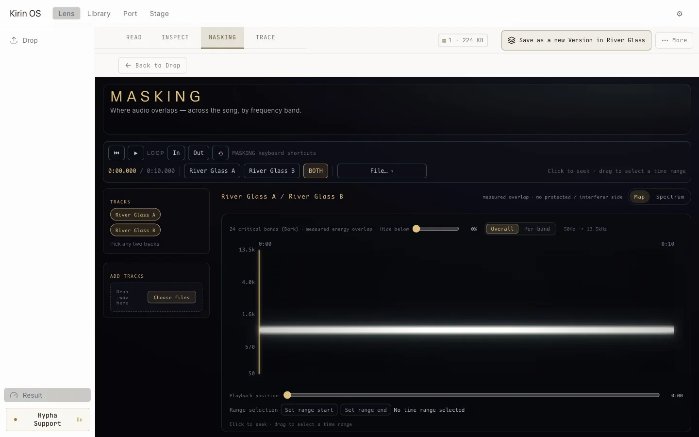Current English Kirin OS MASKING screen comparing two audio files across time and frequency