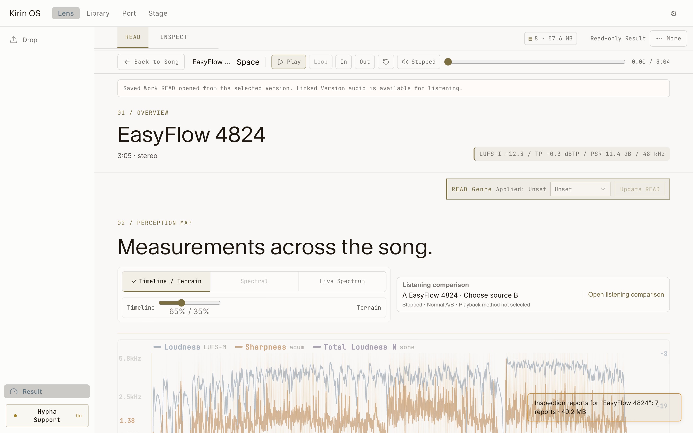Current English Kirin OS READ screen showing measurements across the song