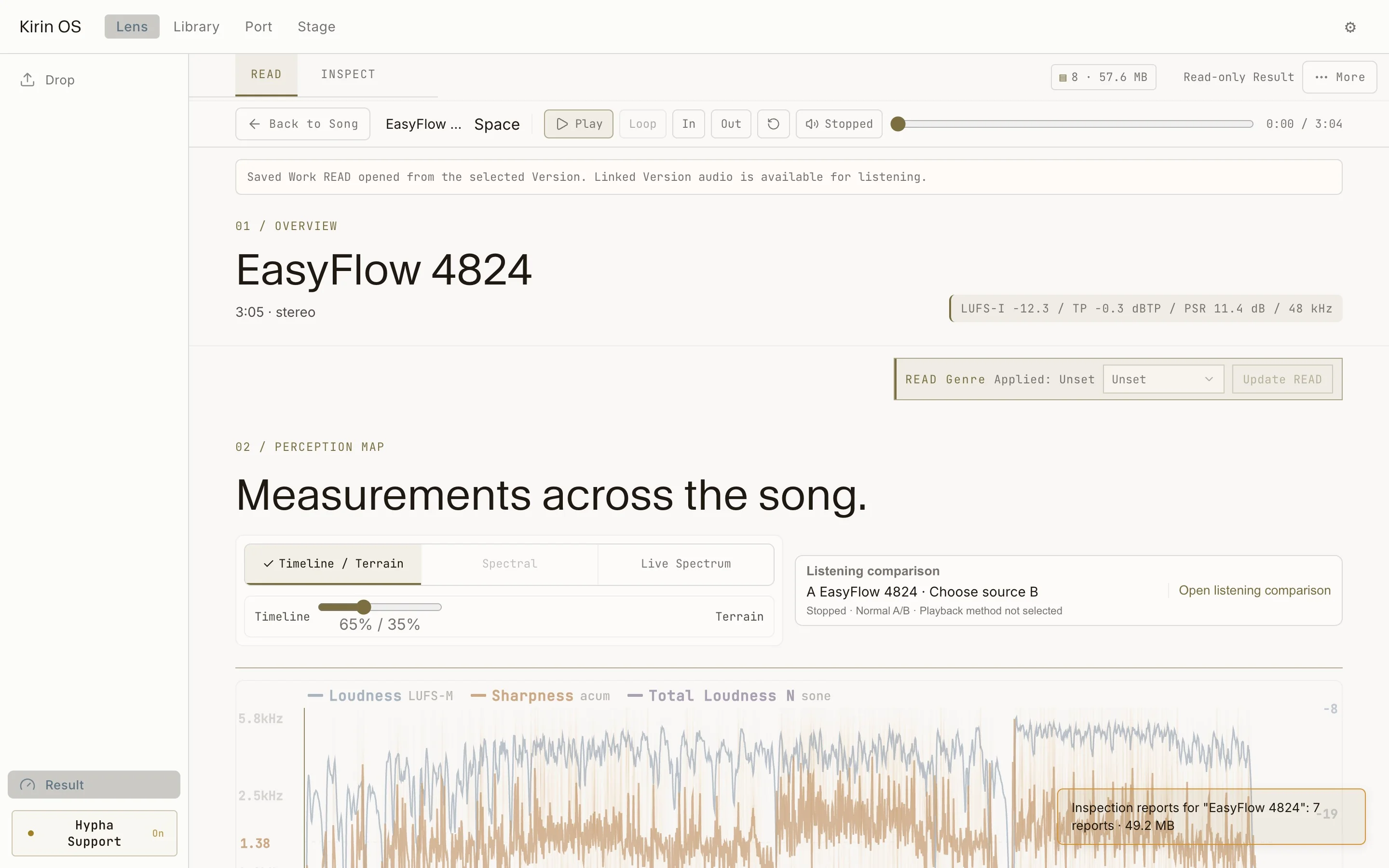 Current English Kirin OS READ screen showing measurements across the song