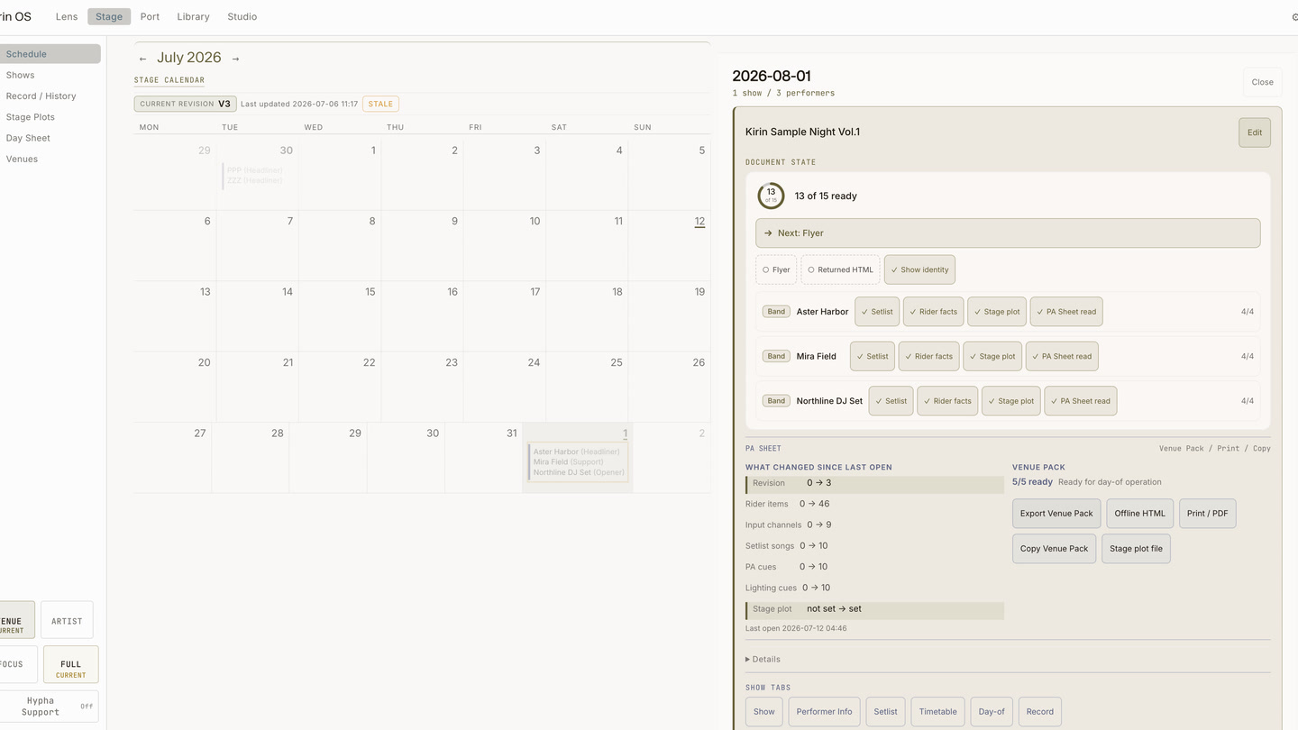 Kirin OS Stage schedule showing show readiness and venue-pack state