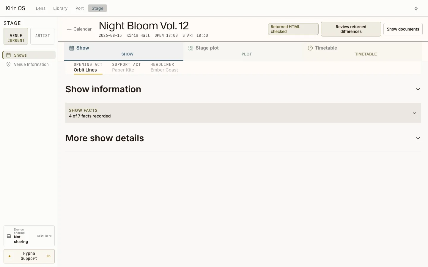 Current English Kirin OS show record with performers and show information