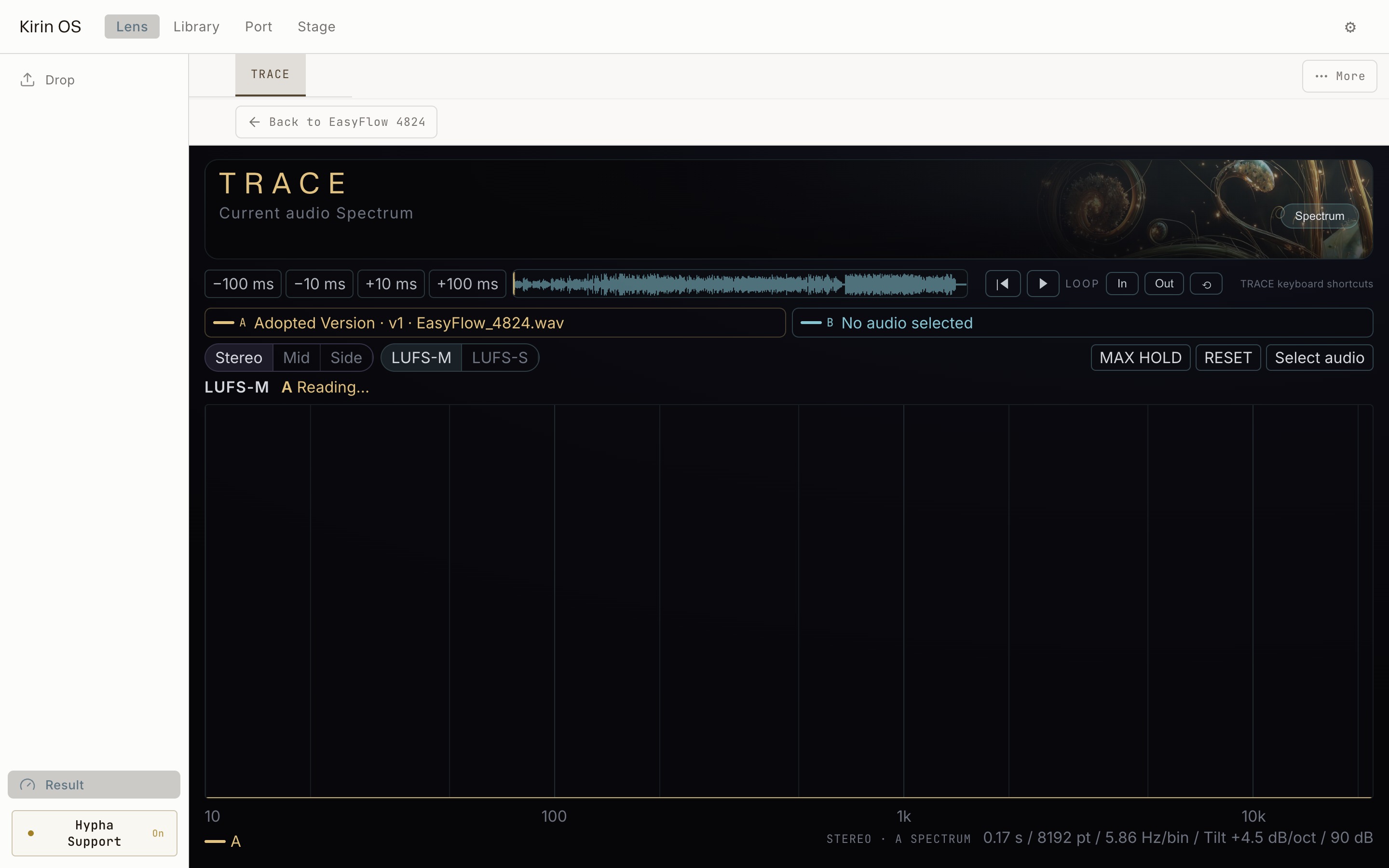 Current English Kirin OS TRACE screen for reviewing version measurements on the same playback route